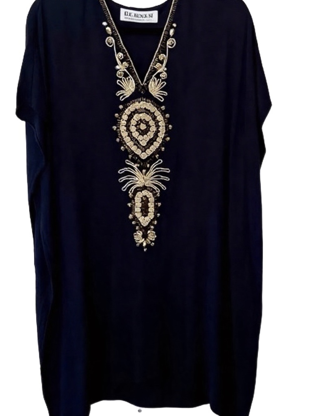 Embroidered V-Neck Women's Resort-Style Caftan / Kaftan Navy with Gold Accent
